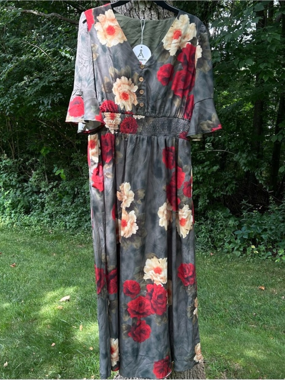 NWT Anrabess Dark Floral V-Neck Smocked Waist Maxi Dress
